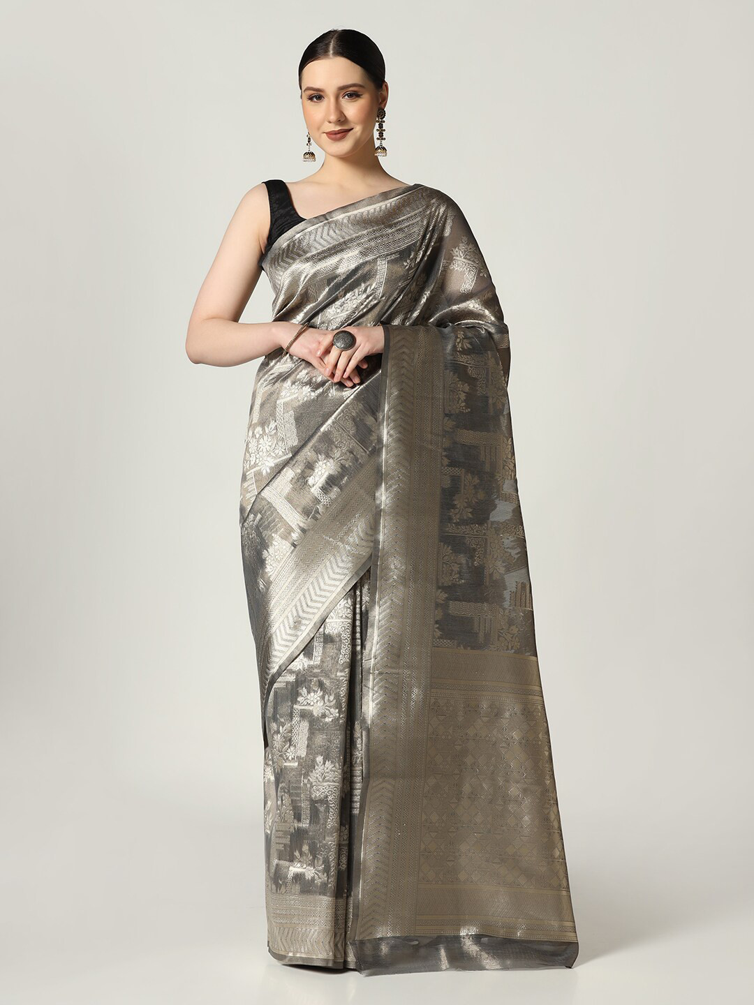 

BOMBAY SELECTIONS Woven Design Zari Organza Banarasi Saree, Grey