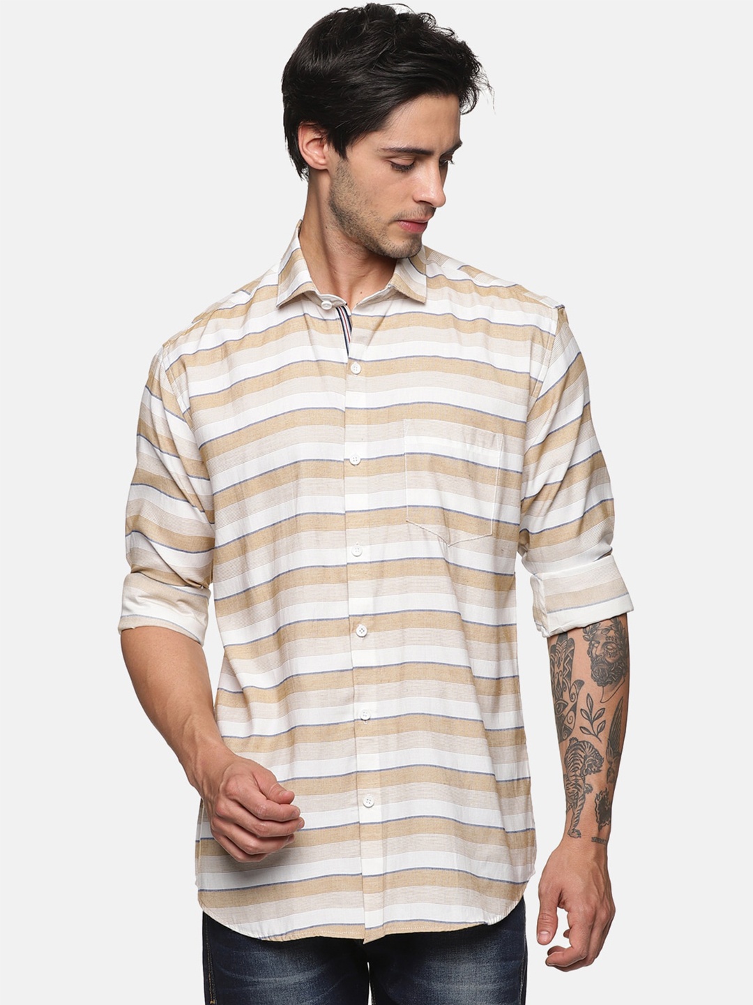 

DEZANO Men Striped Casual Cotton Shirt, Beige