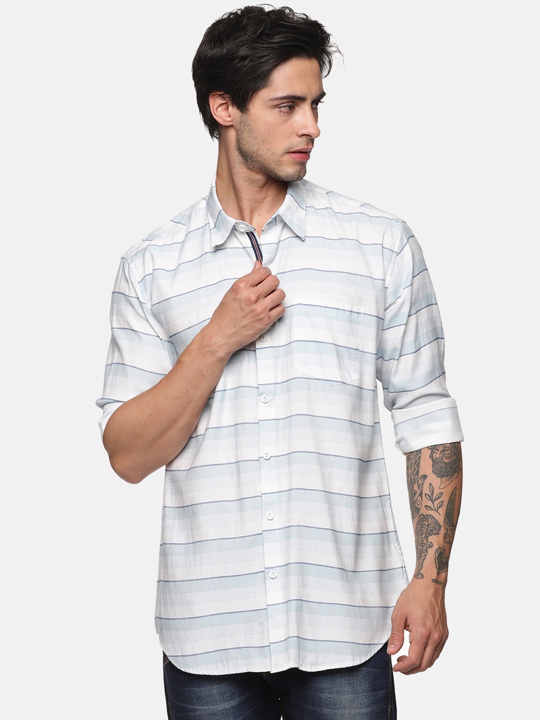 

DEZANO Men Striped Casual Cotton Shirt, Blue