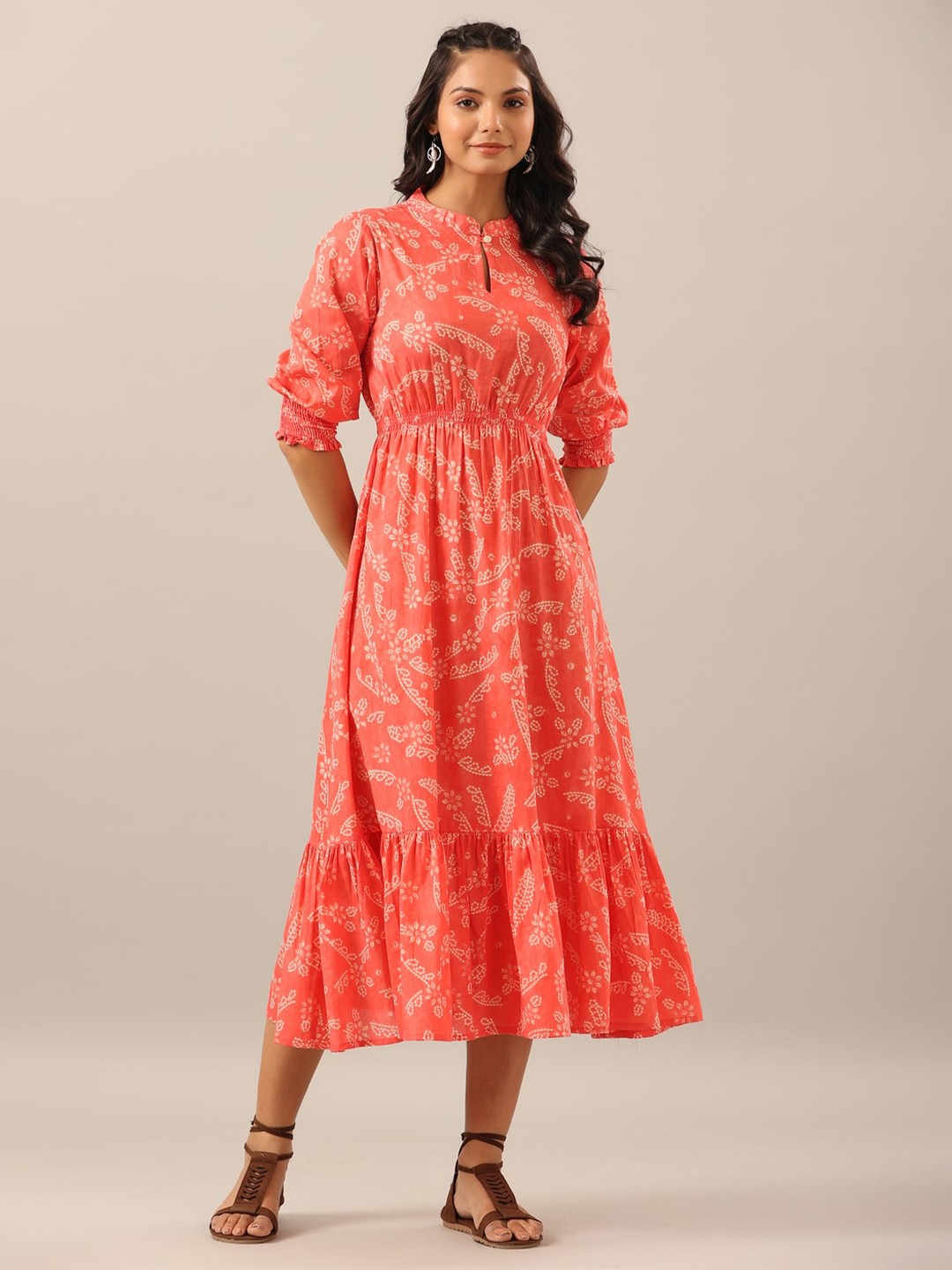 

JISORA Printed Mandarin Collar Fit And Flare Cotton Dress, Orange