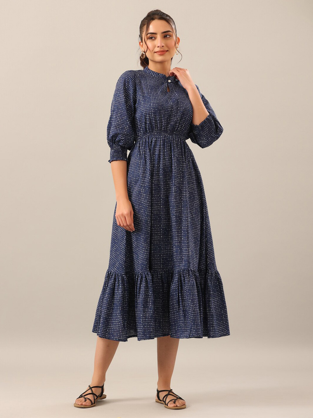 

JISORA Polka Dots Printed Cotton Fit and Flare Midi Dress, Blue