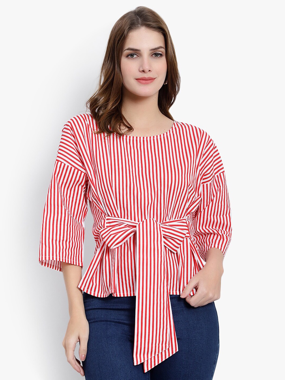 

DRIRO Striped Round Neck Cinched Waist Top, Red
