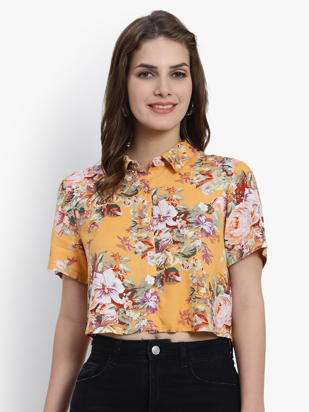 

DRIRO Floral Printed Shirt Style Crop Top, Yellow