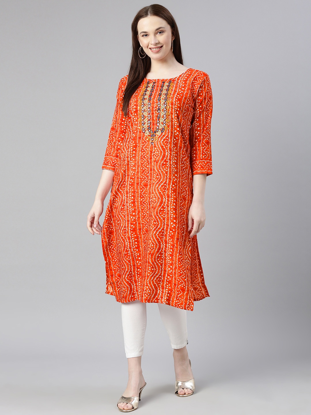

DEETYA ARTS Bandhani Print Straight Kurta, Orange