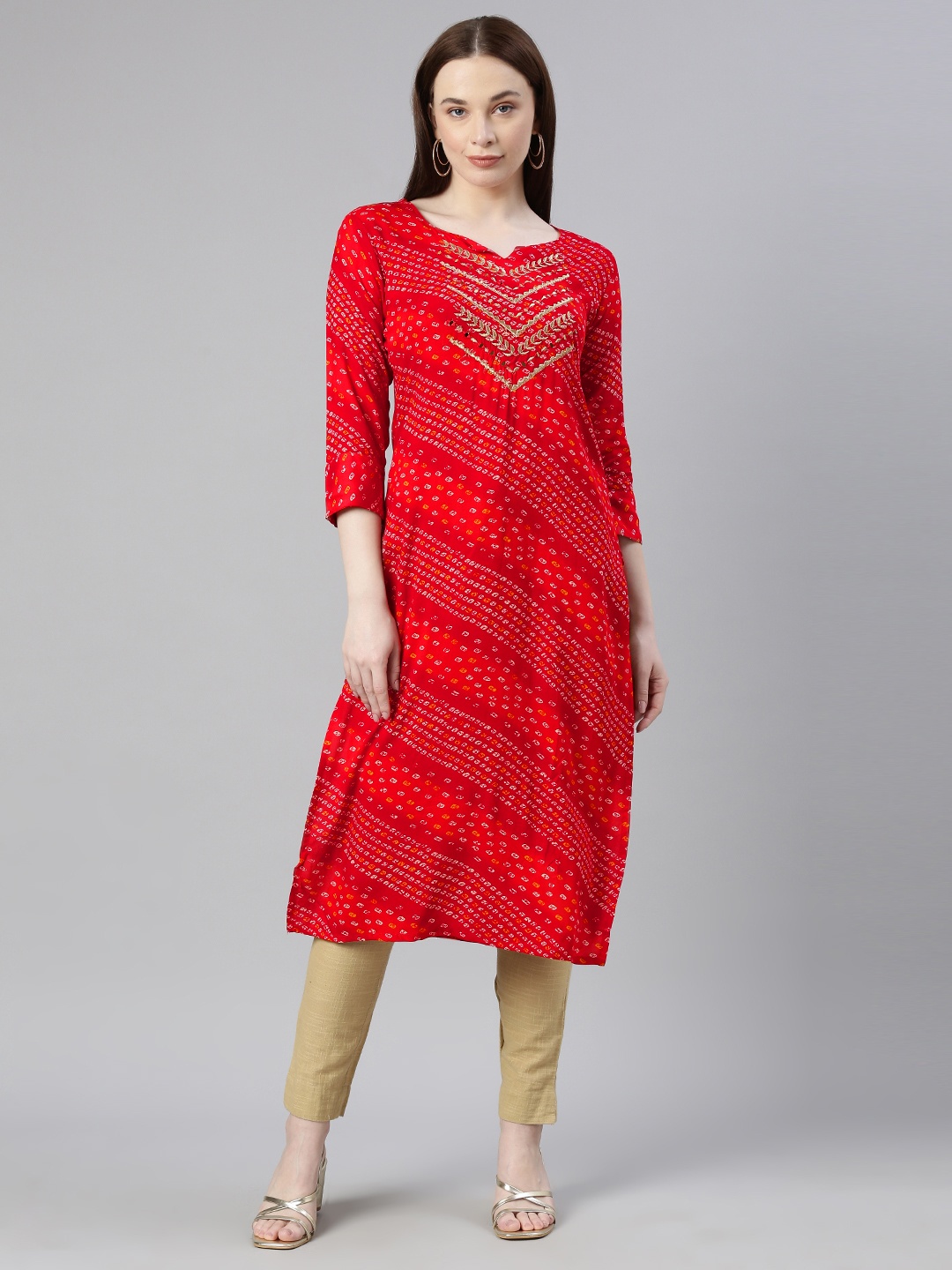 

DEETYA ARTS Bandhani Printed Straight Kurta, Red