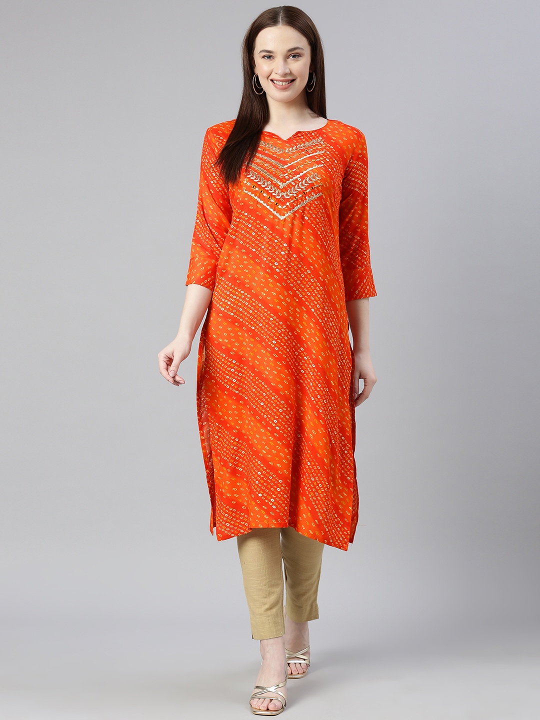 

DEETYA ARTS Bandhani Printed Straight Kurta, Orange