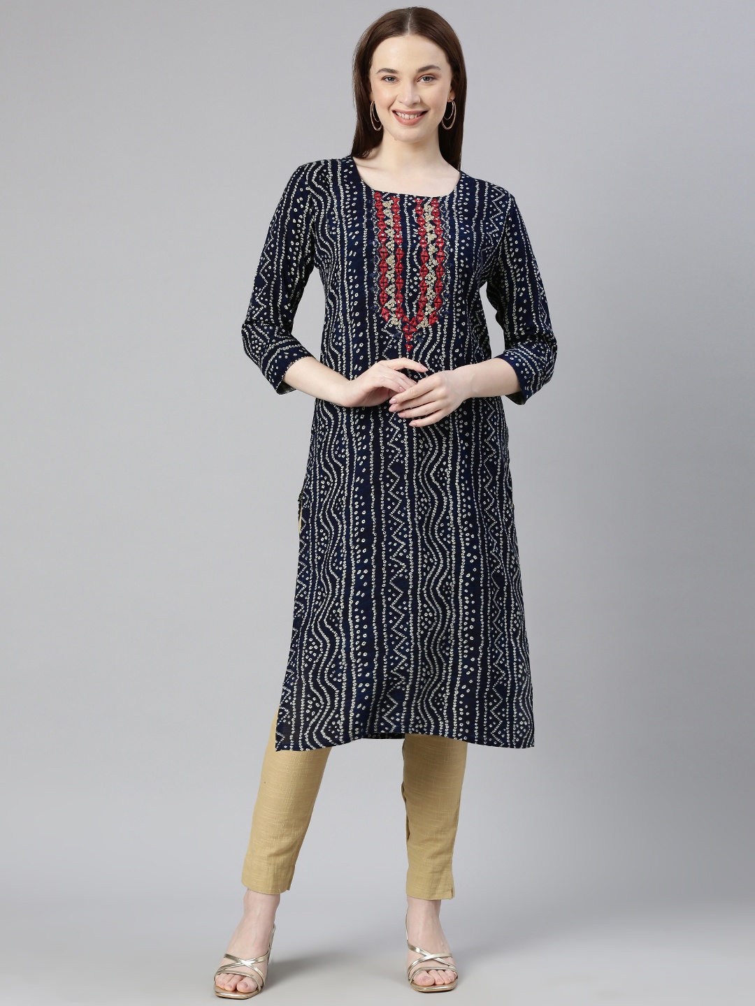 

DEETYA ARTS Bandhani Print Straight Kurta, Navy blue