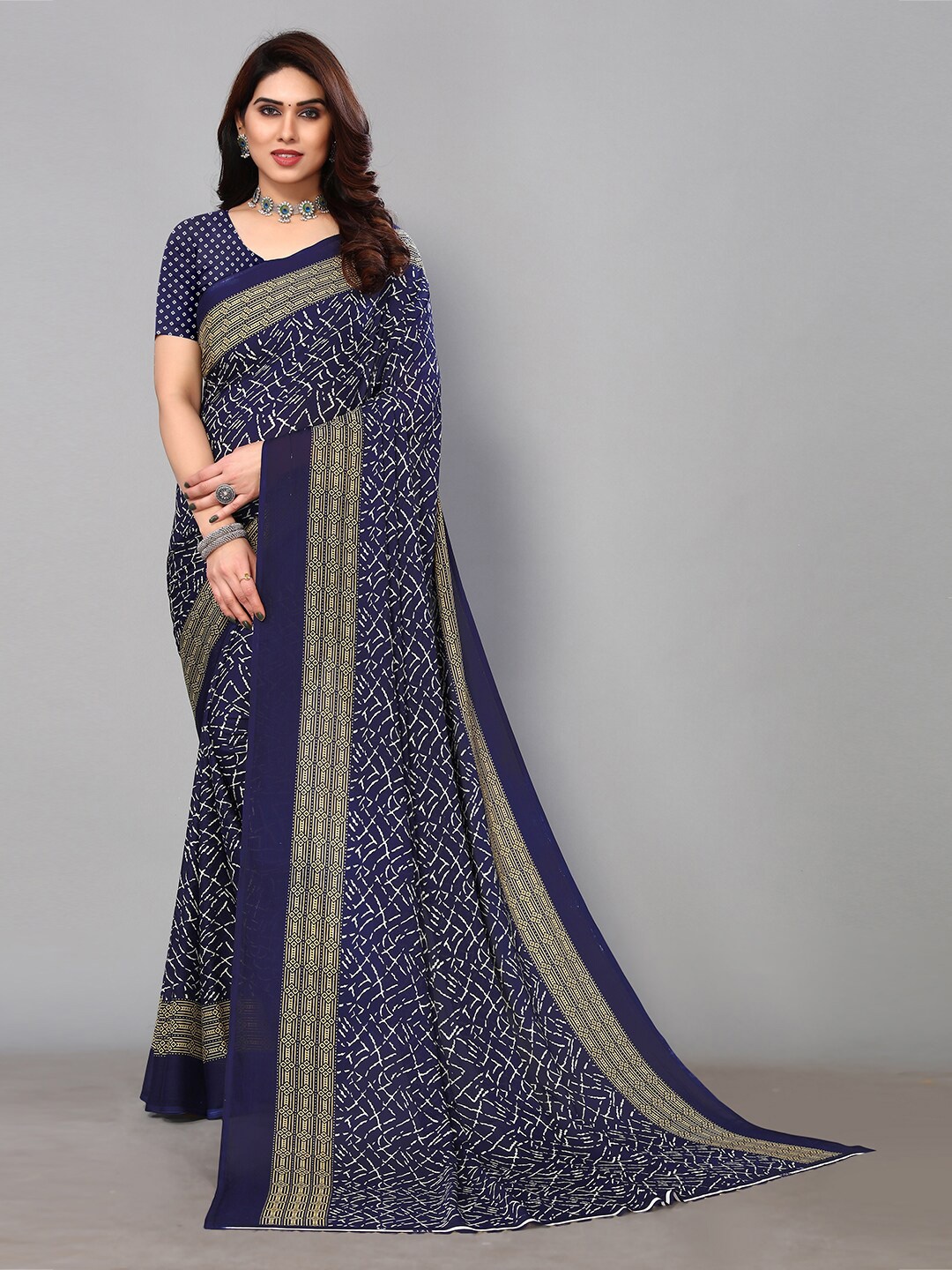 

KALINI Navy Abstract Printed Saree, Navy blue