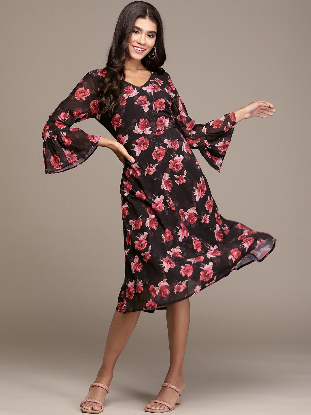 

ZIYAA Floral Printed A-Line Dress, Black