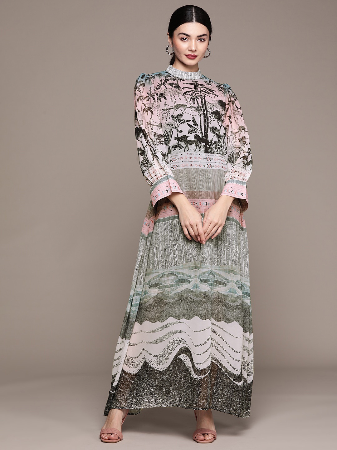 

ZIYAA Printed Georgette Maxi Dress, Pink