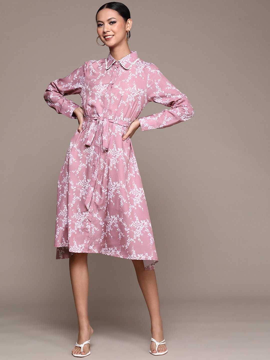 

ZIYAA Floral Shirt Midi Dress, Mauve