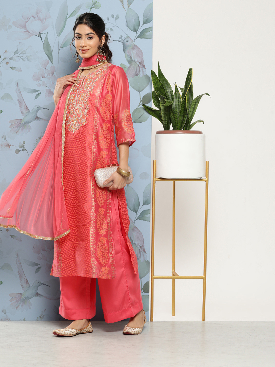 

Juniper Ethnic Motifs Embroidered Chanderi Silk Kurta With Palazzos & With Dupatta, Pink
