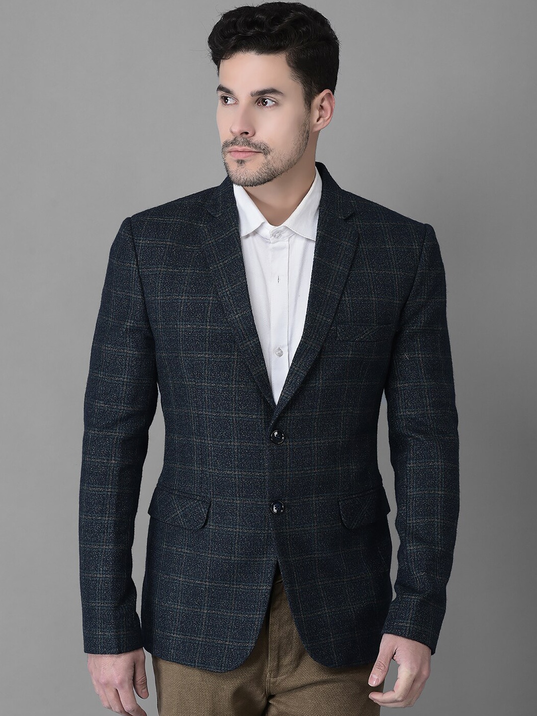

Canary London Men Checked Pure Wool Slim-Fit Blazer, Navy blue