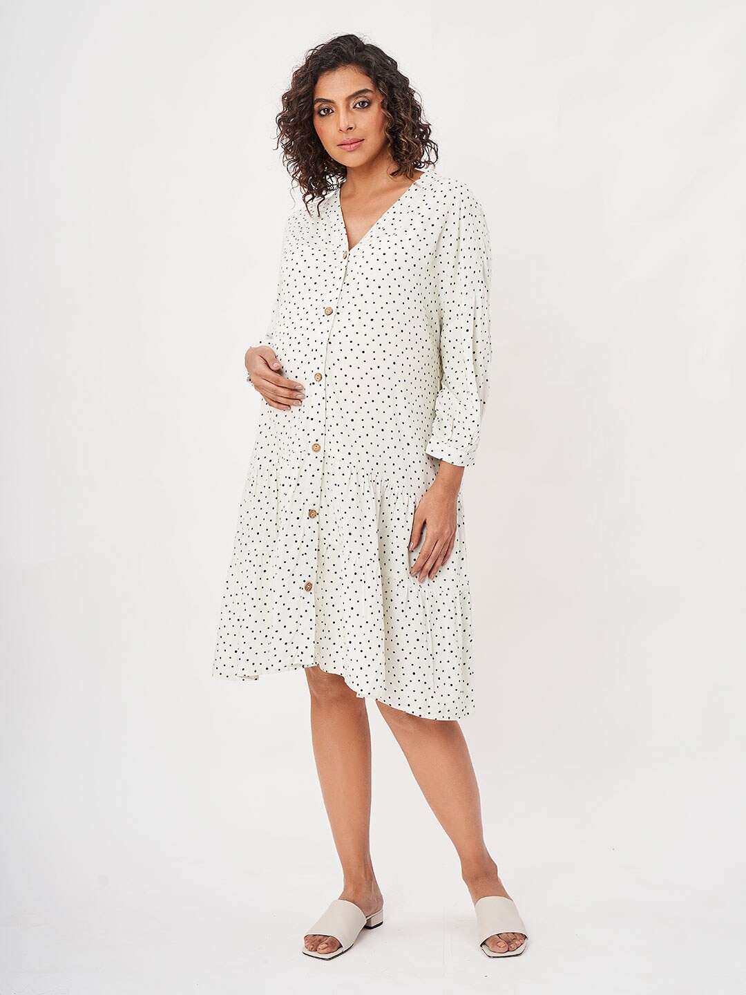 

Ed-a-Mamma Polka Dots Printed Maternity Shirt Dress, Off white