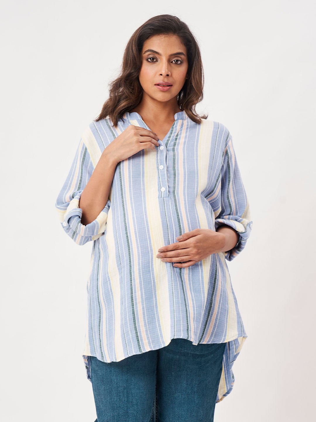 

Ed-a-Mamma Women Boxy Striped Maternity Cotton Shirt, Blue