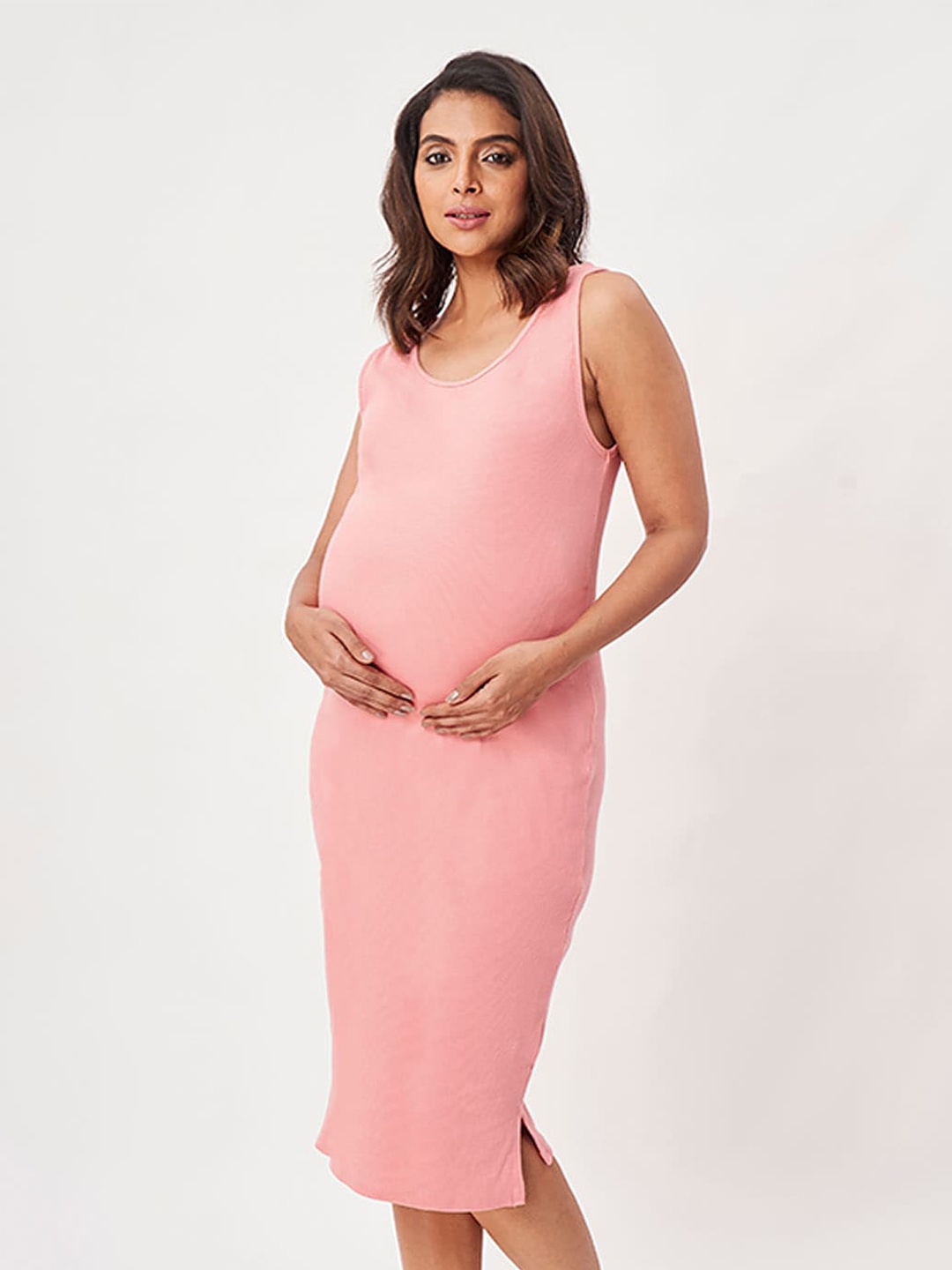 

Ed-a-Mamma Sustainable Maternity Side Slit Bodycon Midi Cotton Dress, Pink