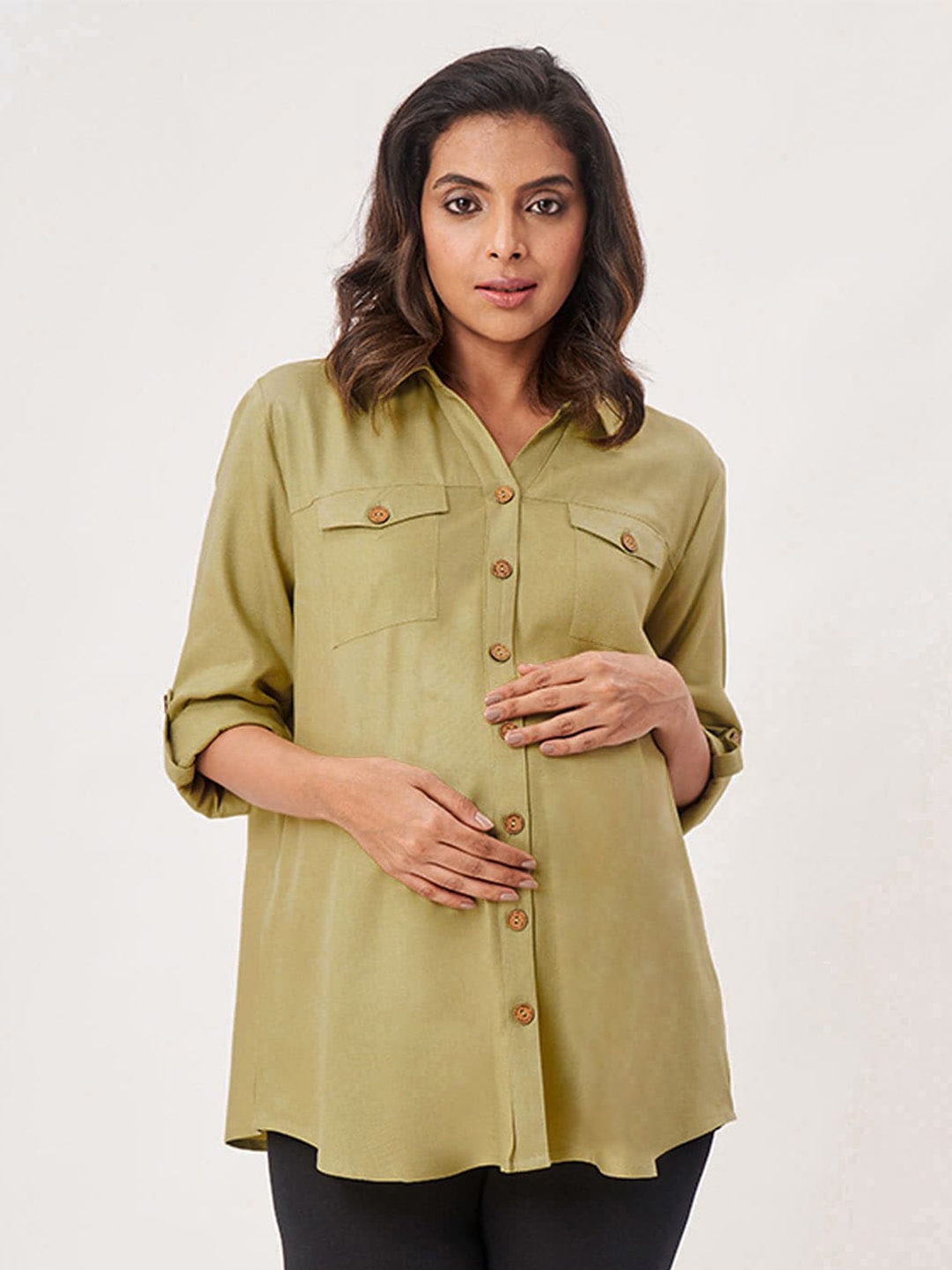 

Ed-a-Mamma Women Boxy Maternity Cotton Shirt, Olive