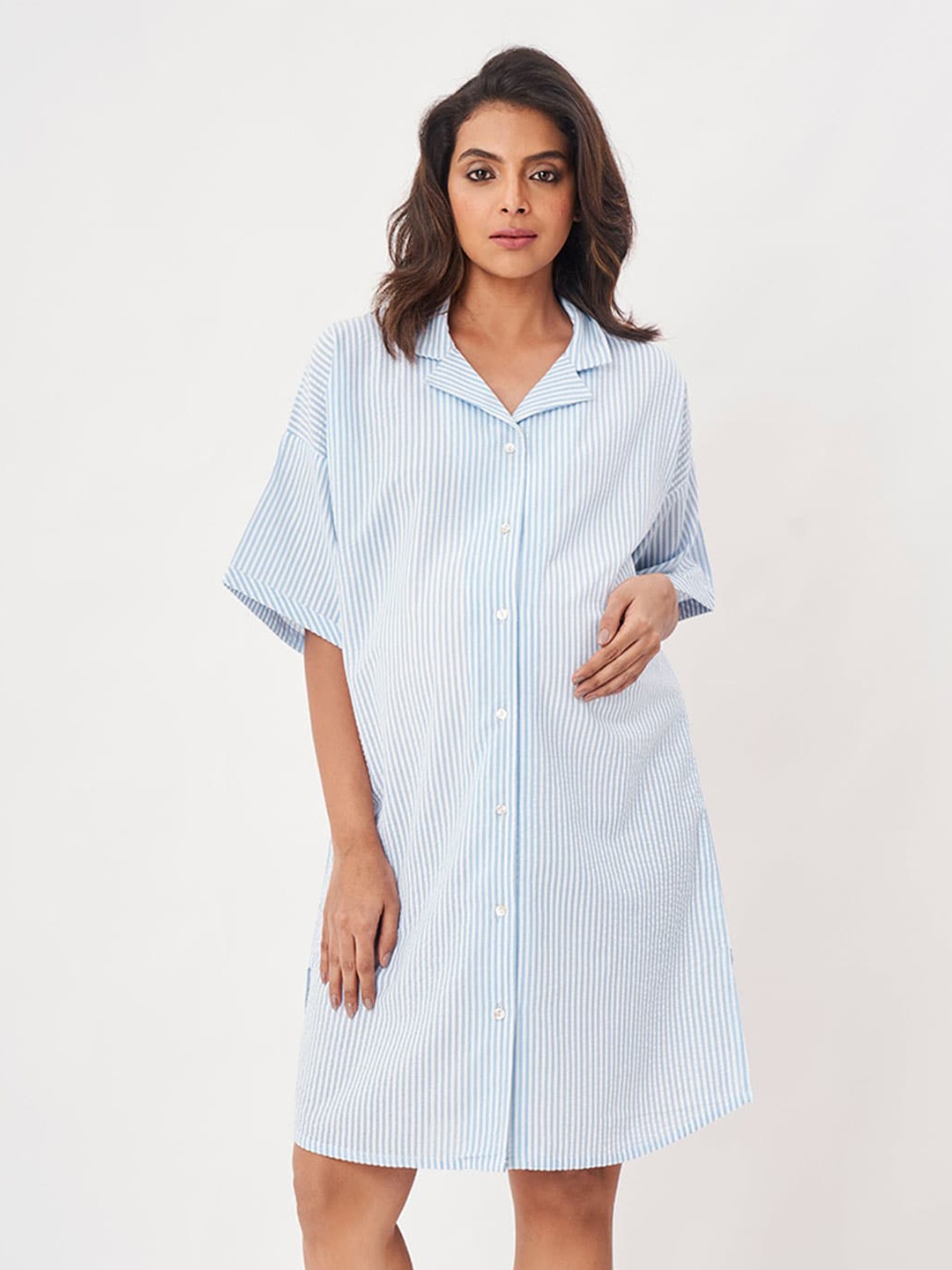 

Ed-a-Mamma Striped Maternity Cotton Shirt Dress, Blue