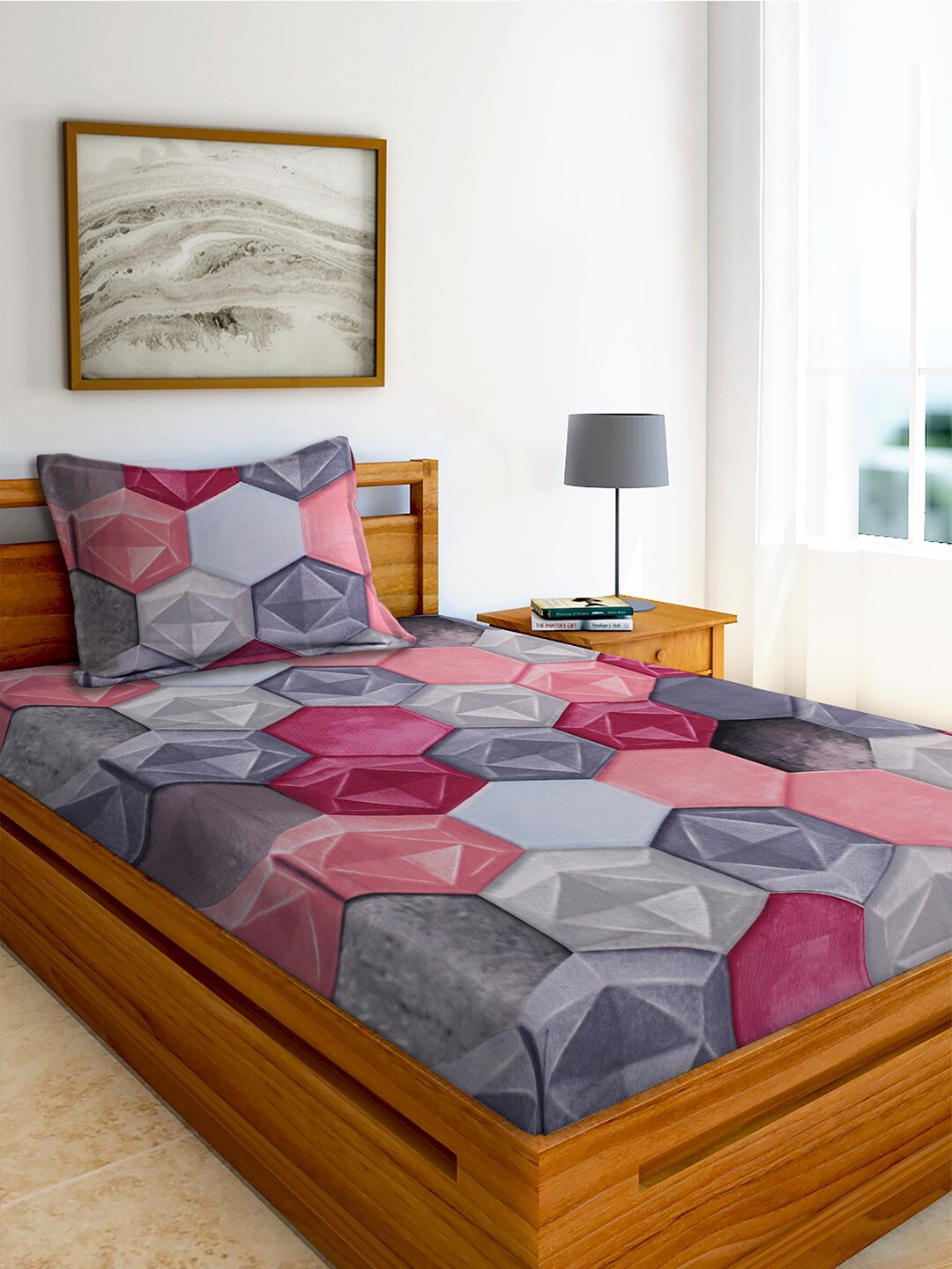 

AEROHAVEN Pink & Grey Geometric 210 TC Flat Cotton Single Bedsheet with 1 Pillow Cover