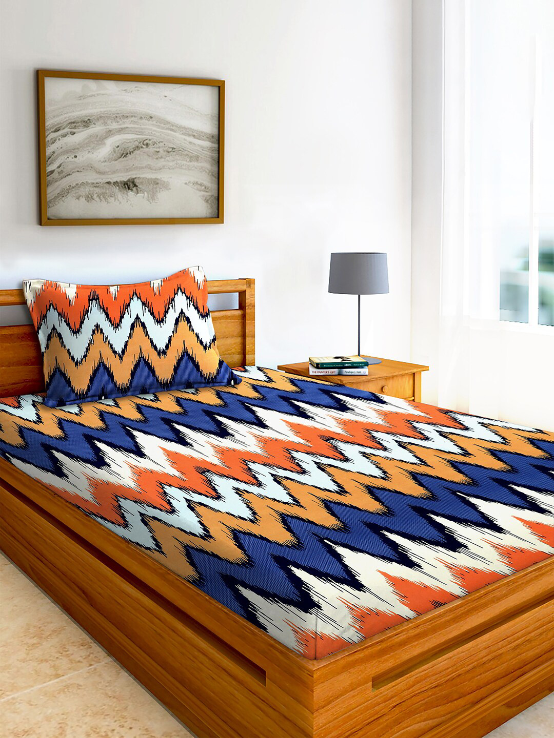 

AEROHAVEN Blue & Orange 210 TC Flat Cotton Single Bedsheet with 1 Pillow Cover