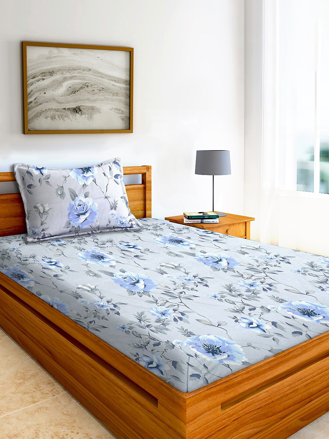 

AEROHAVEN Blue & Grey Floral 210 TC Flat Cotton Single Bedsheet with 1 Pillow Cover