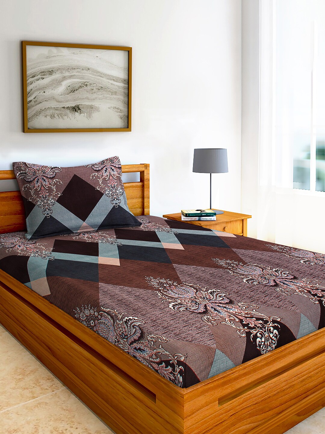 

AEROHAVEN Brown & Black Flat Cotton 210 TC Single Bedsheet with 1 Pillow Cover