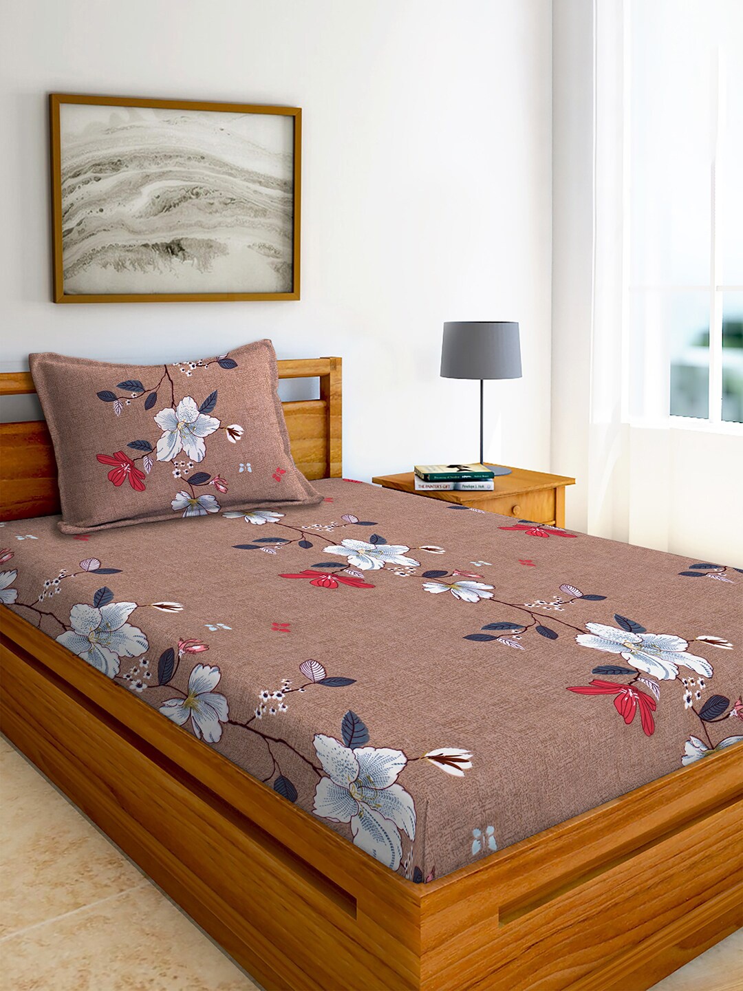 

AEROHAVEN Brown Floral 210 TC Flat Cotton Single Bedsheet with 1 Pillow Cover