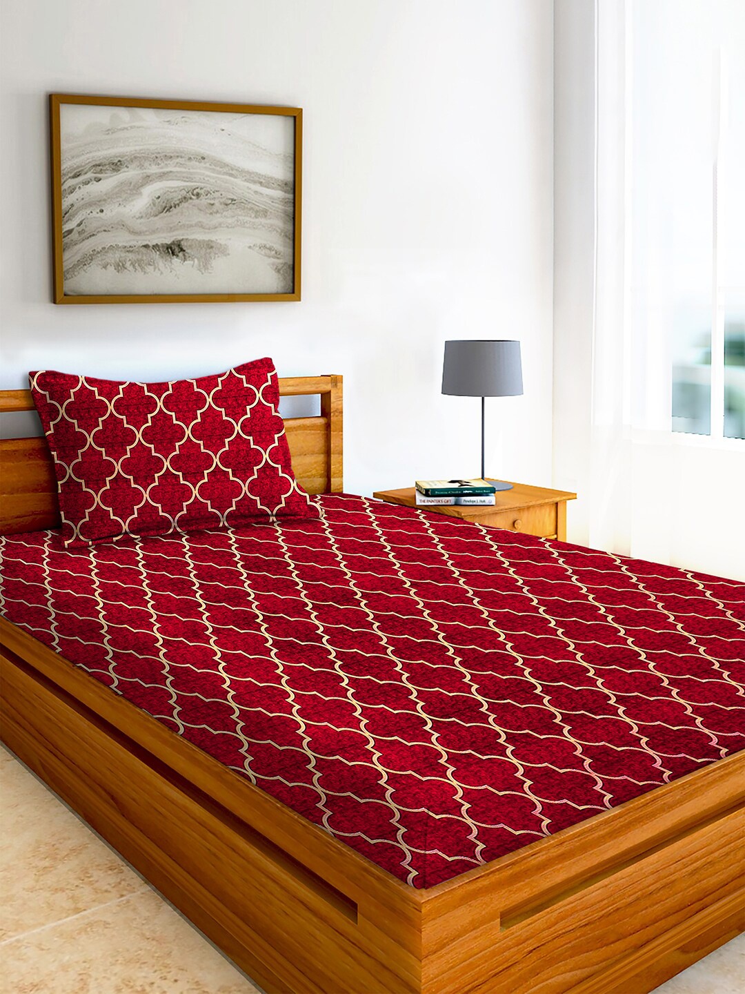 

AEROHAVEN Red & White 210 TC Flat Cotton Single Bedsheet with 1 Pillow Cover