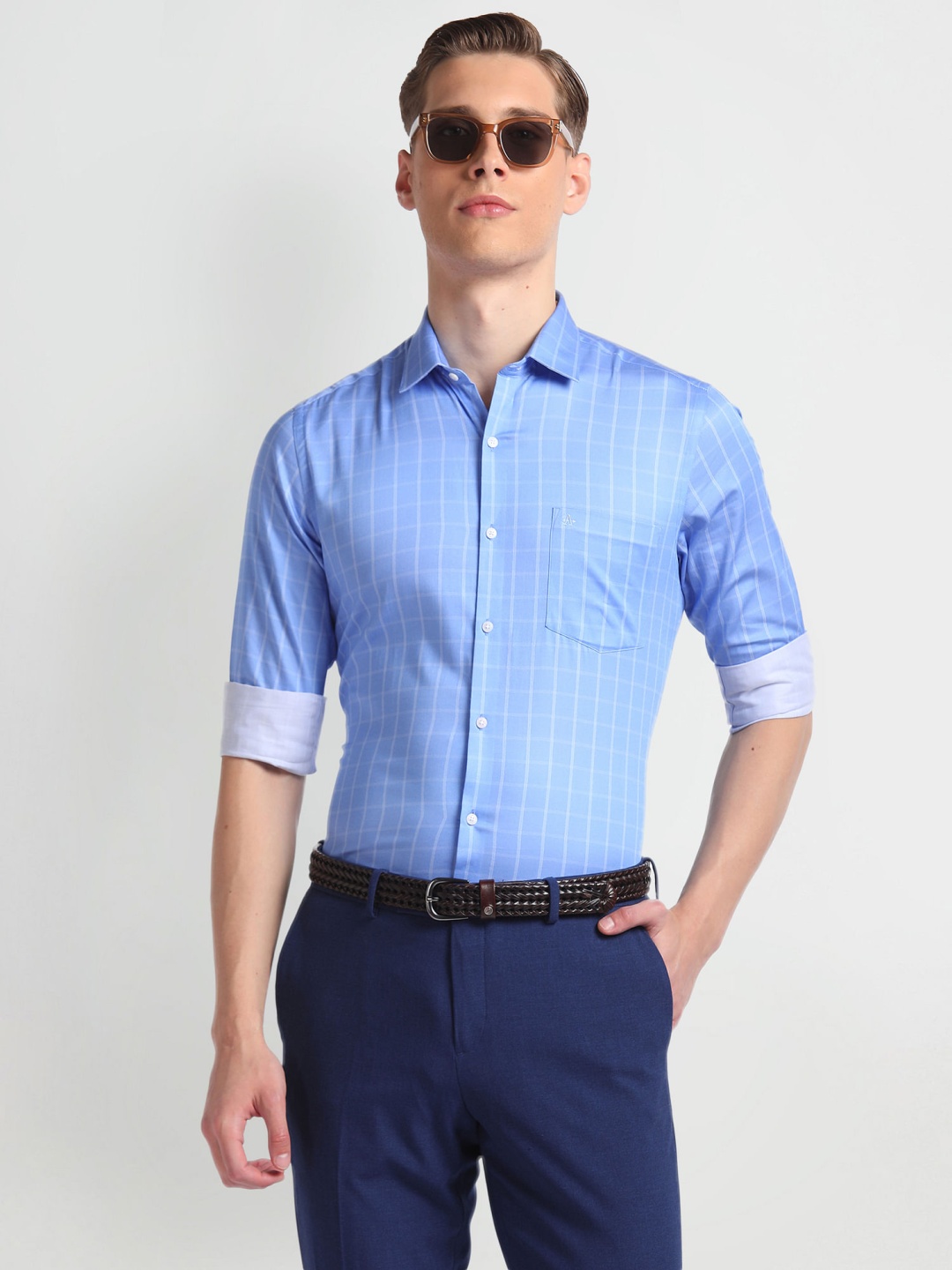 

Arrow Men Slim Fit Windowpane Checked Twill Pure Cotton Formal Shirt, Blue