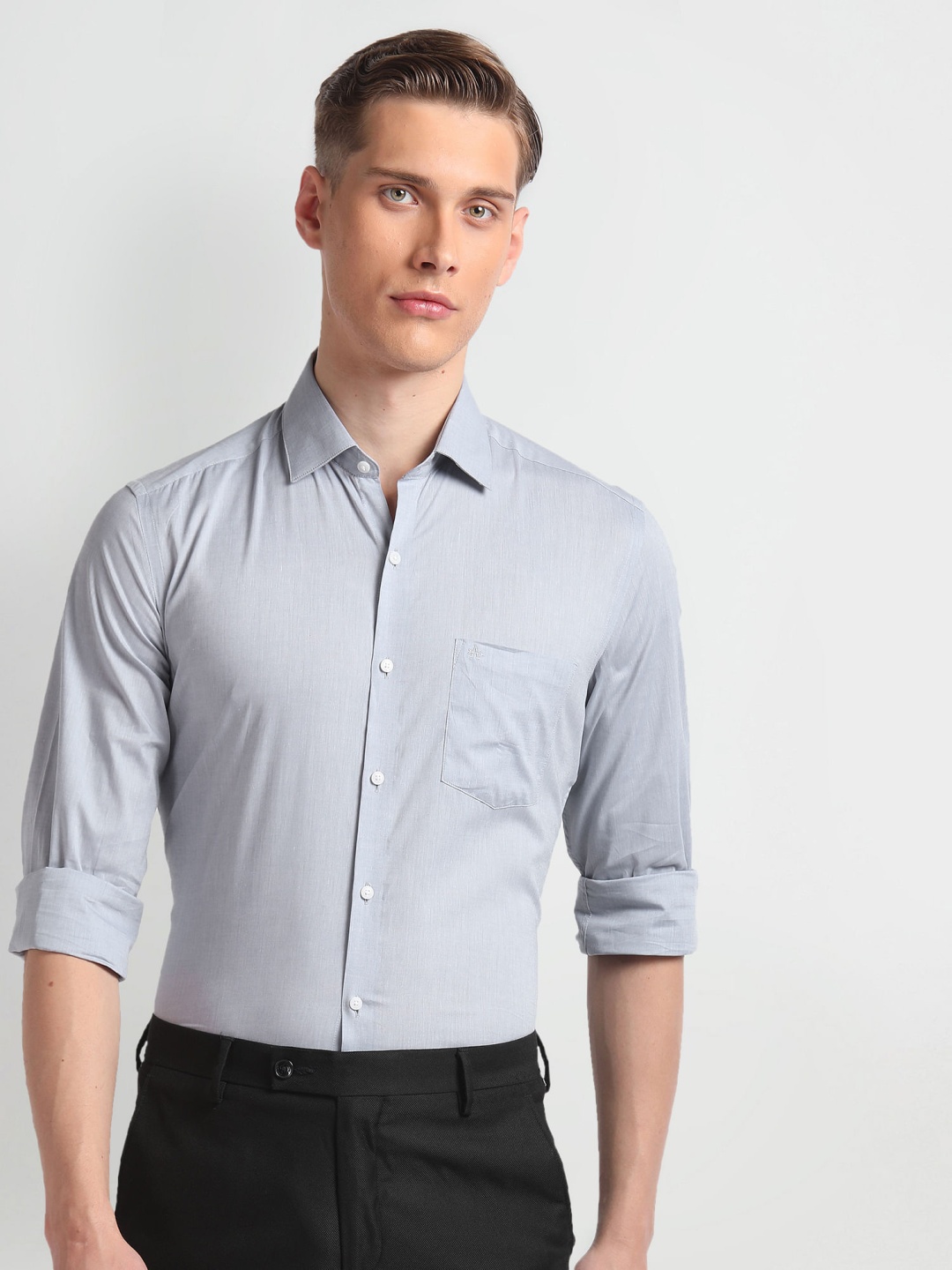 

Arrow Men Slim Fit Cotton Heathered Oxford Formal Shirt, Grey