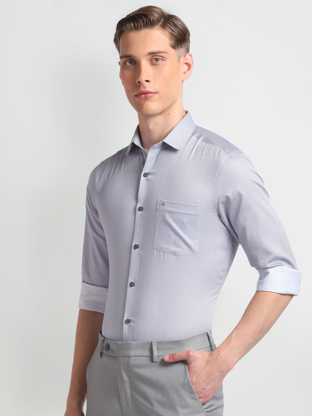 

Arrow Men Manhattan Slim Fit Micro Geometric Printed Pure Cotton Formal Shirt, Grey