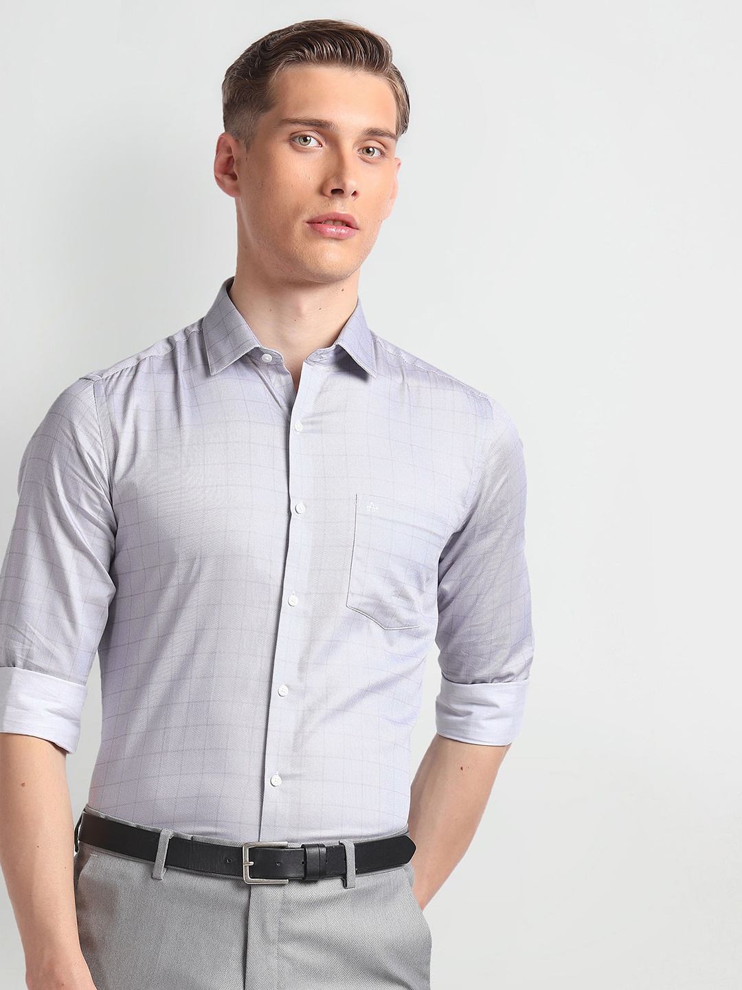

Arrow Men Windowpane Check Long Sleeves Slim Shirt, Grey
