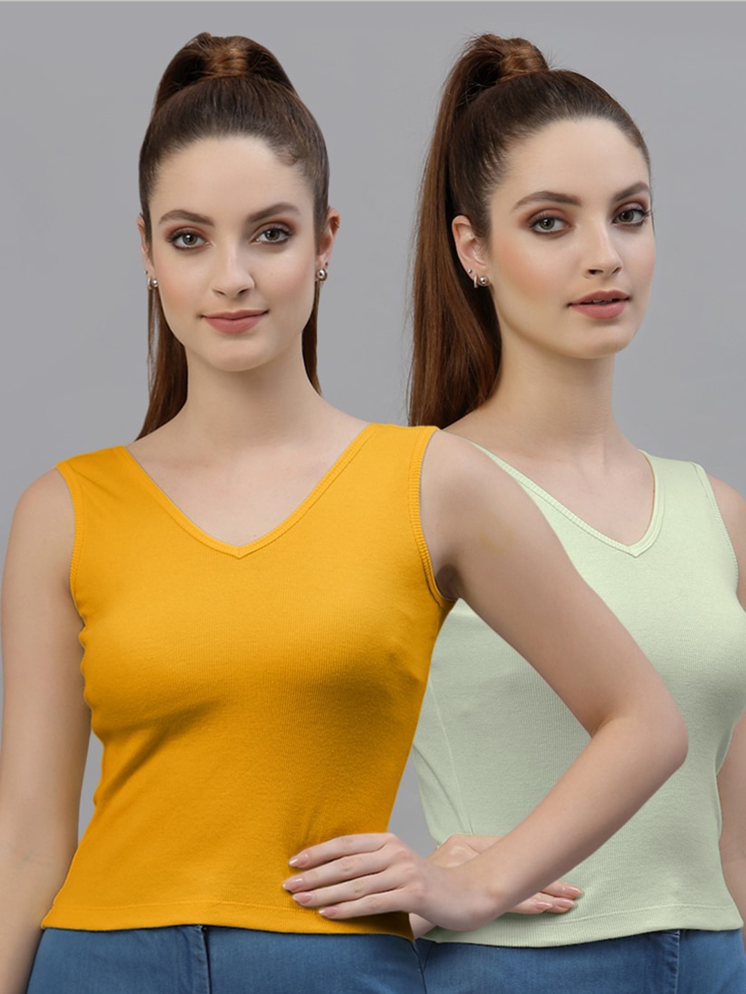 

Friskers Pack of 2 V-Neck Cotton Fitted Tops, Mustard