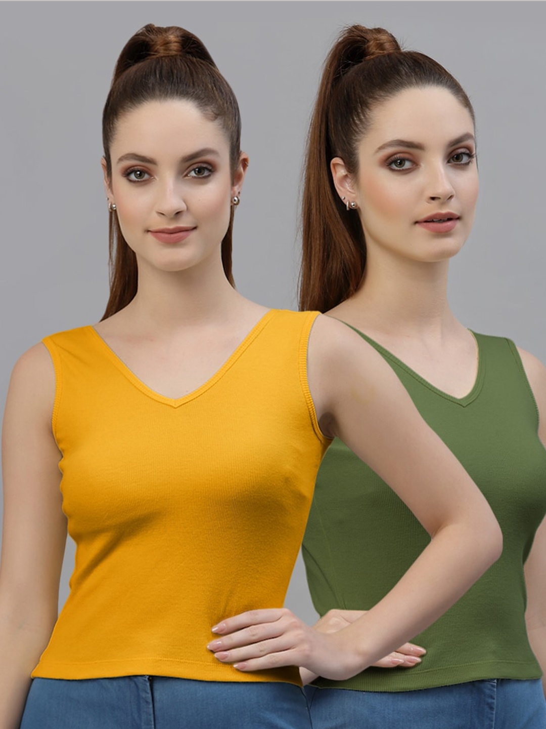 

Friskers Pack of 2 Sleeveless Fitted Cotton Tops, Orange