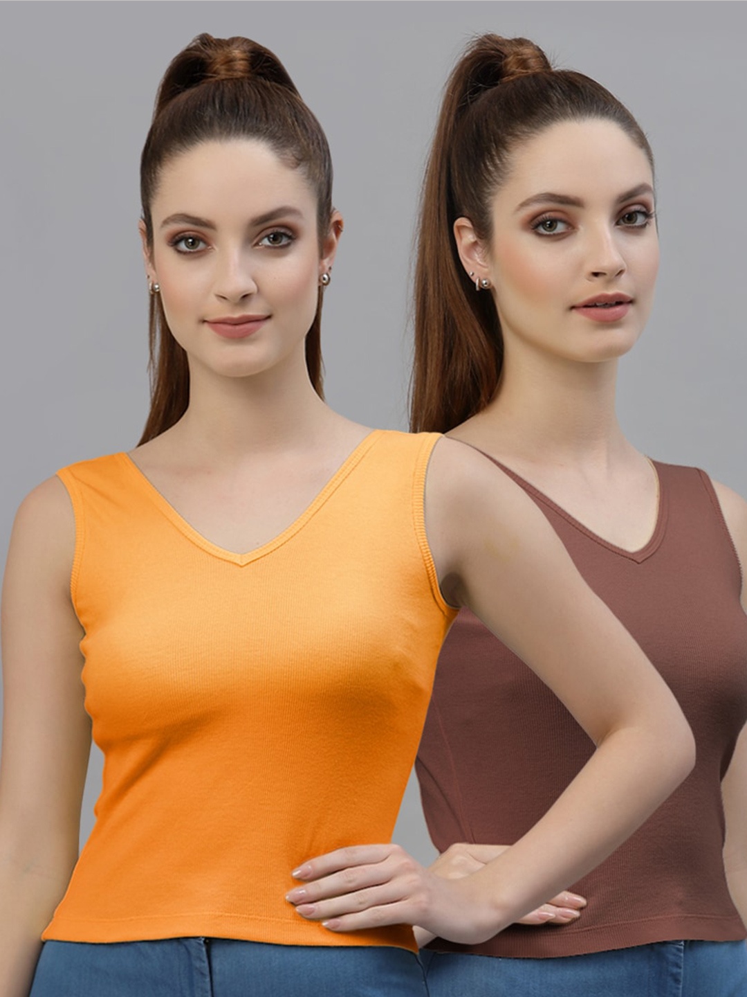 

Friskers Pack of 2 Sleeveless Fitted Cotton Tops, Orange