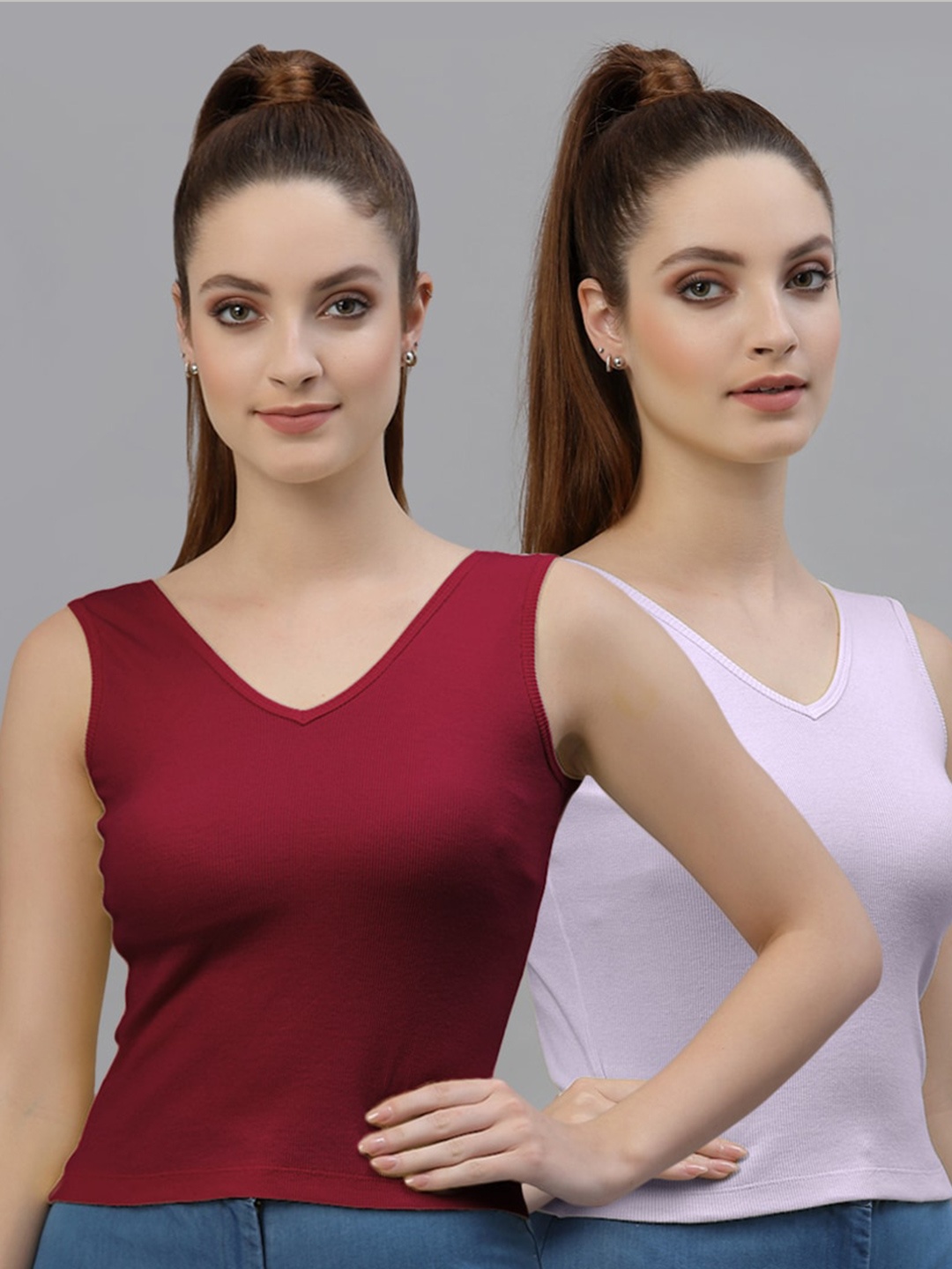 

Friskers Pack of 2 Sleeveless Fitted Cotton Tops, Maroon