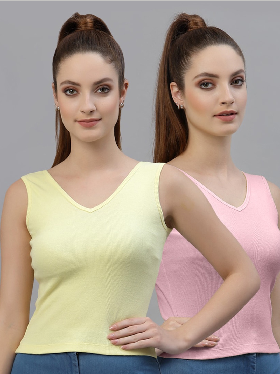 

Friskers Pack of 2 Ribbed Fitted Cotton Crop Tops, Yellow
