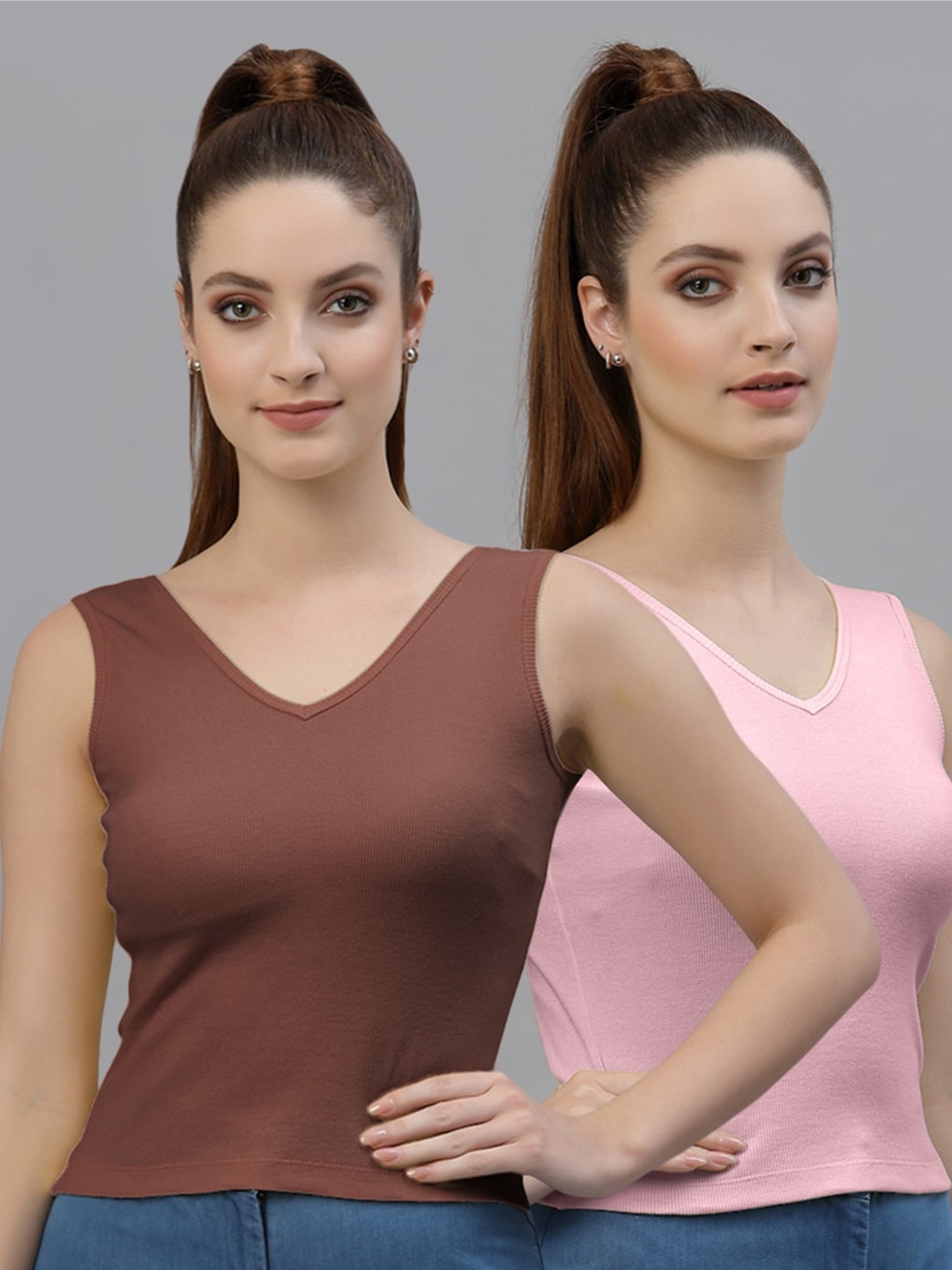 

Friskers Pack of 2 Ribbed Fitted Cotton Crop Tops, Brown