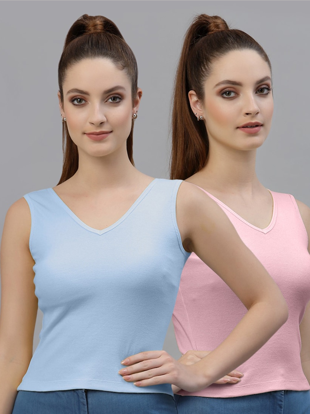 

Friskers Pack of 2 V-Neck Cotton Fitted Tops, Blue
