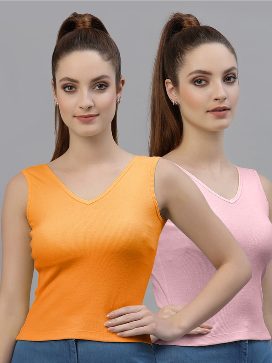 

Friskers Pack of 2 V-Neck Cotton Fitted Tops, Orange