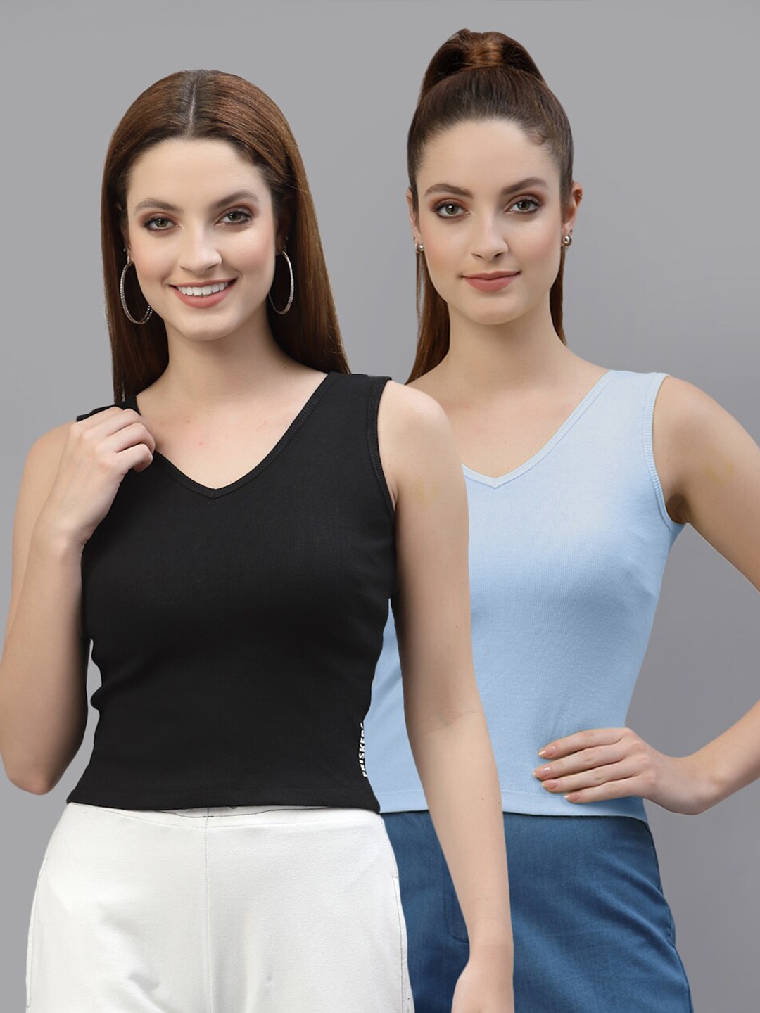 

Friskers Pack of 2 Fitted Cotton Tops, Black