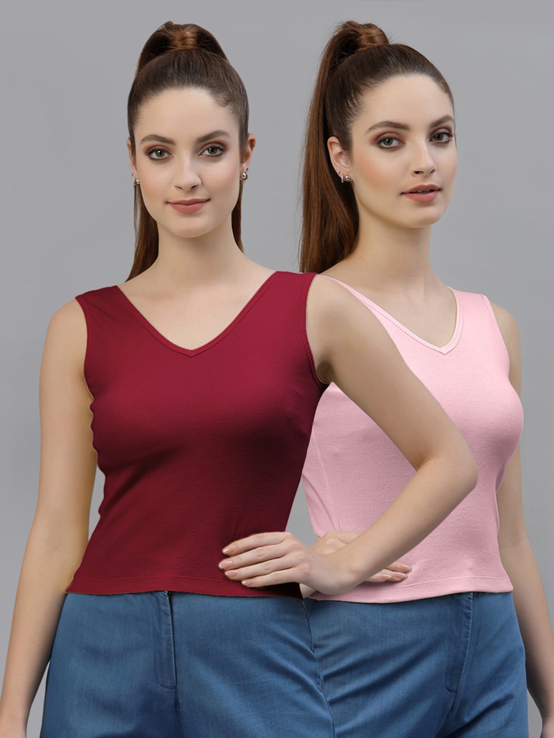 

Friskers Pack of 2 Cotton Ribbed Tops, Maroon