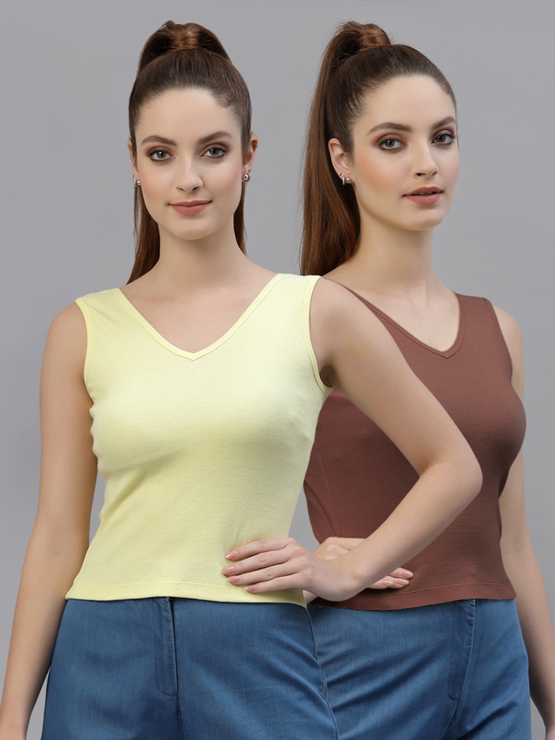 

Friskers Selection of 2 Cotton Rib Round Neck Regular Top, Yellow