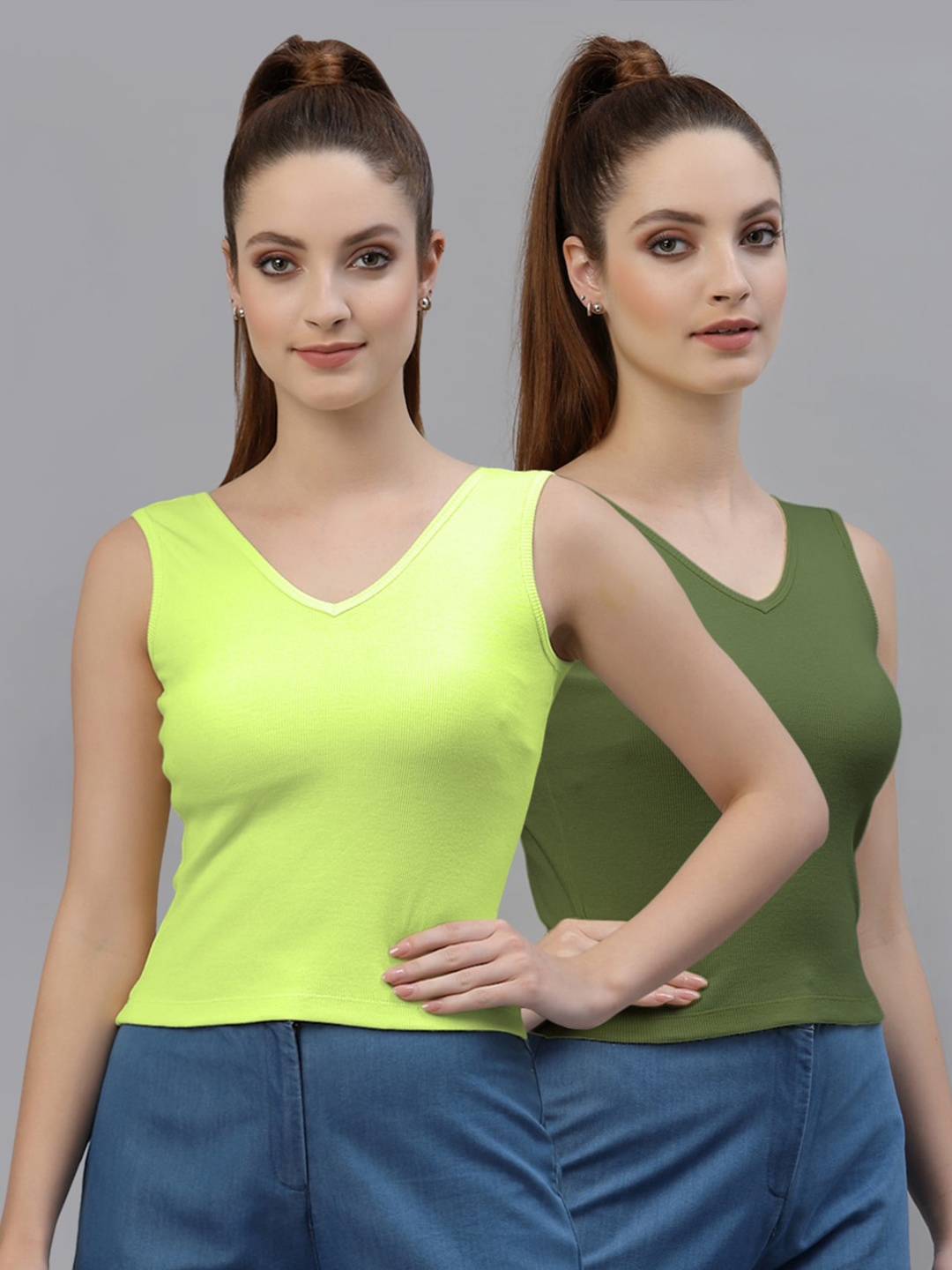 

Friskers Selection of 2 Cotton Rib Round Neck Regular Top, Green