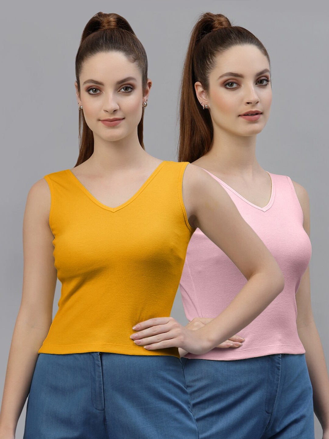 

Friskers Pack of 2 V-Neck Cotton Fitted Tops, Yellow