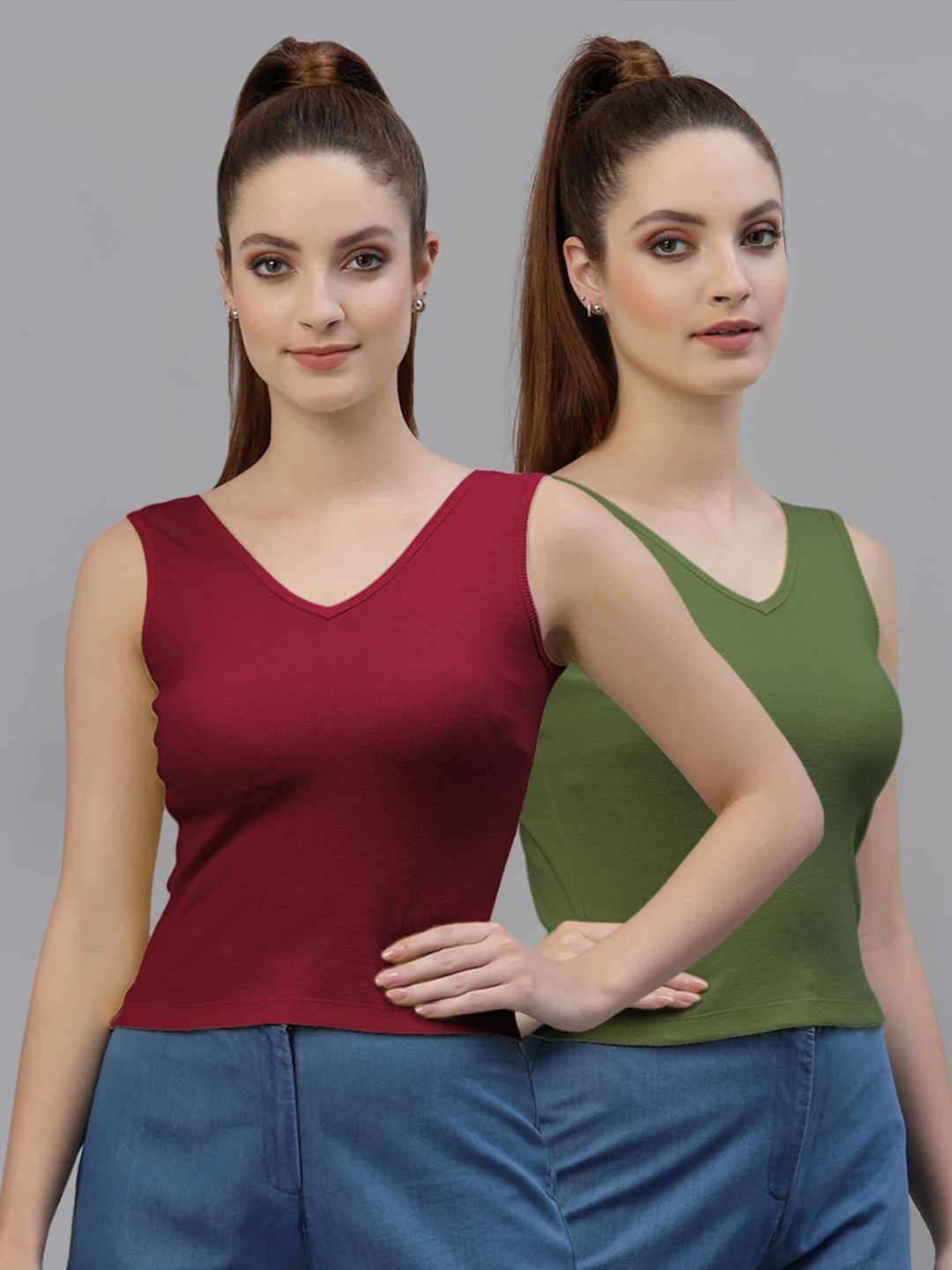 

Friskers Pack of 2 V-Neck Cotton Fitted Tops, Maroon