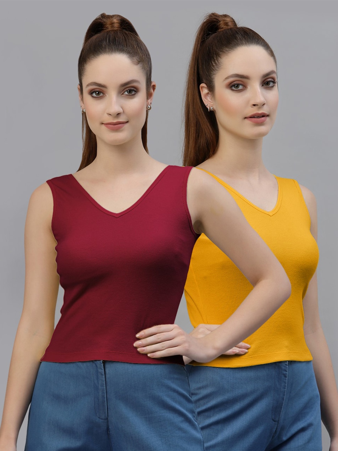 

Friskers Pack of 2 V-Neck Cotton Fitted Tops, Maroon