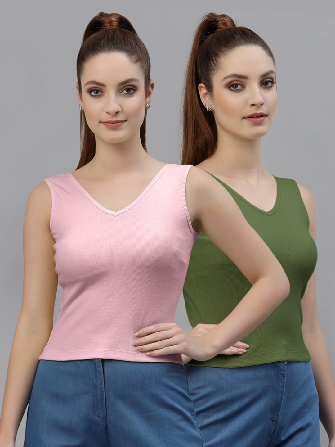 

Friskers Pack of 2 V-Neck Cotton Fitted Tops, Pink