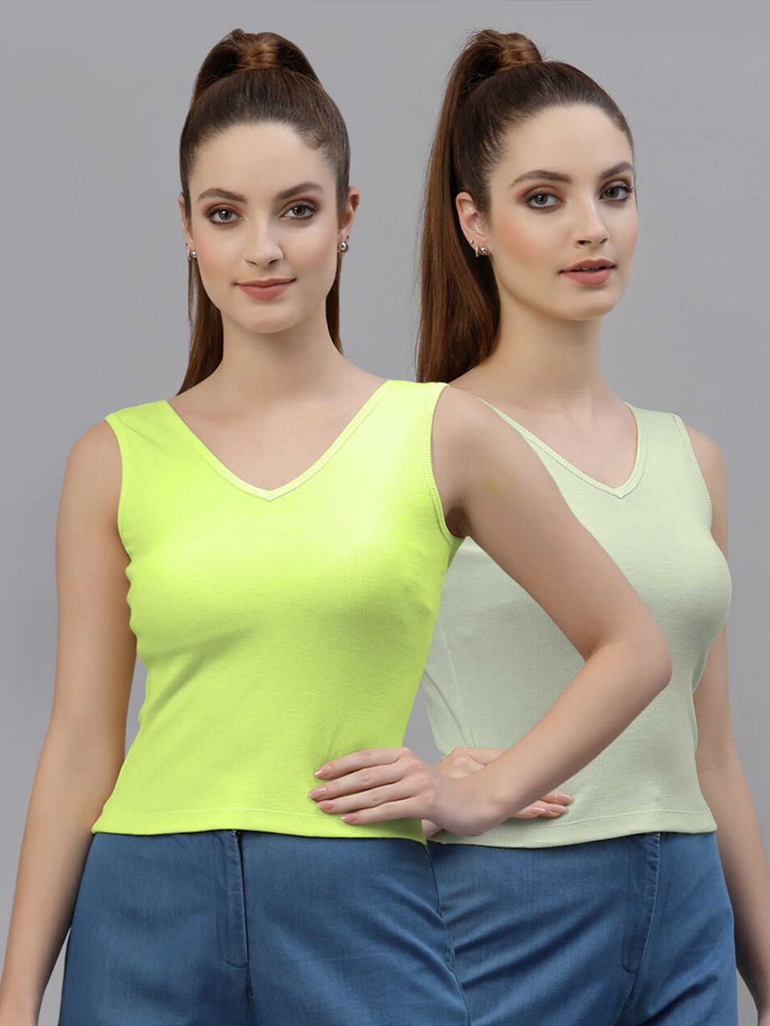 

Friskers Pack of 2 Sleeveless Cotton Tops, Lime green