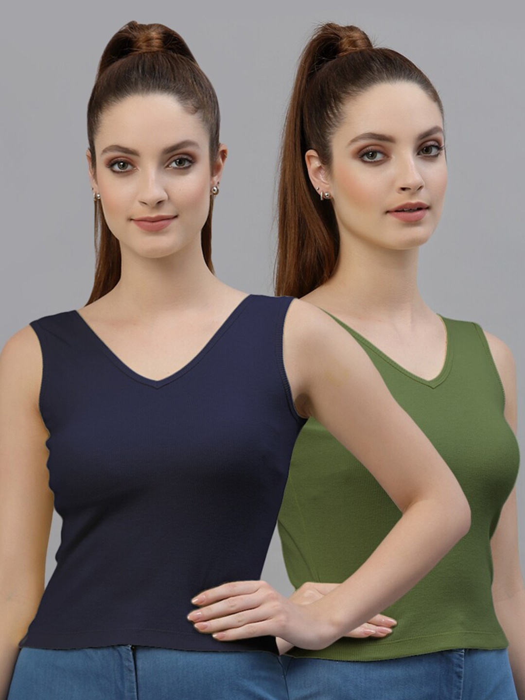 

Friskers Pack of 2 V-Neck Cotton Fitted Tops, Navy blue
